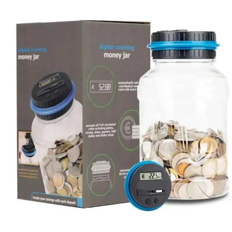 Alcancía de 1,8 L con forma de moneda, gran capacidad, transparente, para ahorrar en dólares estadounidenses, euros y libras esterlinas. Conteo inteligente.