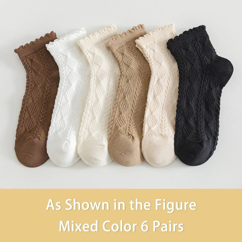 6 pares de calcetines de verano para mujer, finos, con degradado, de algodón liso, sencillos, dulces y bonitos, con borde de madera