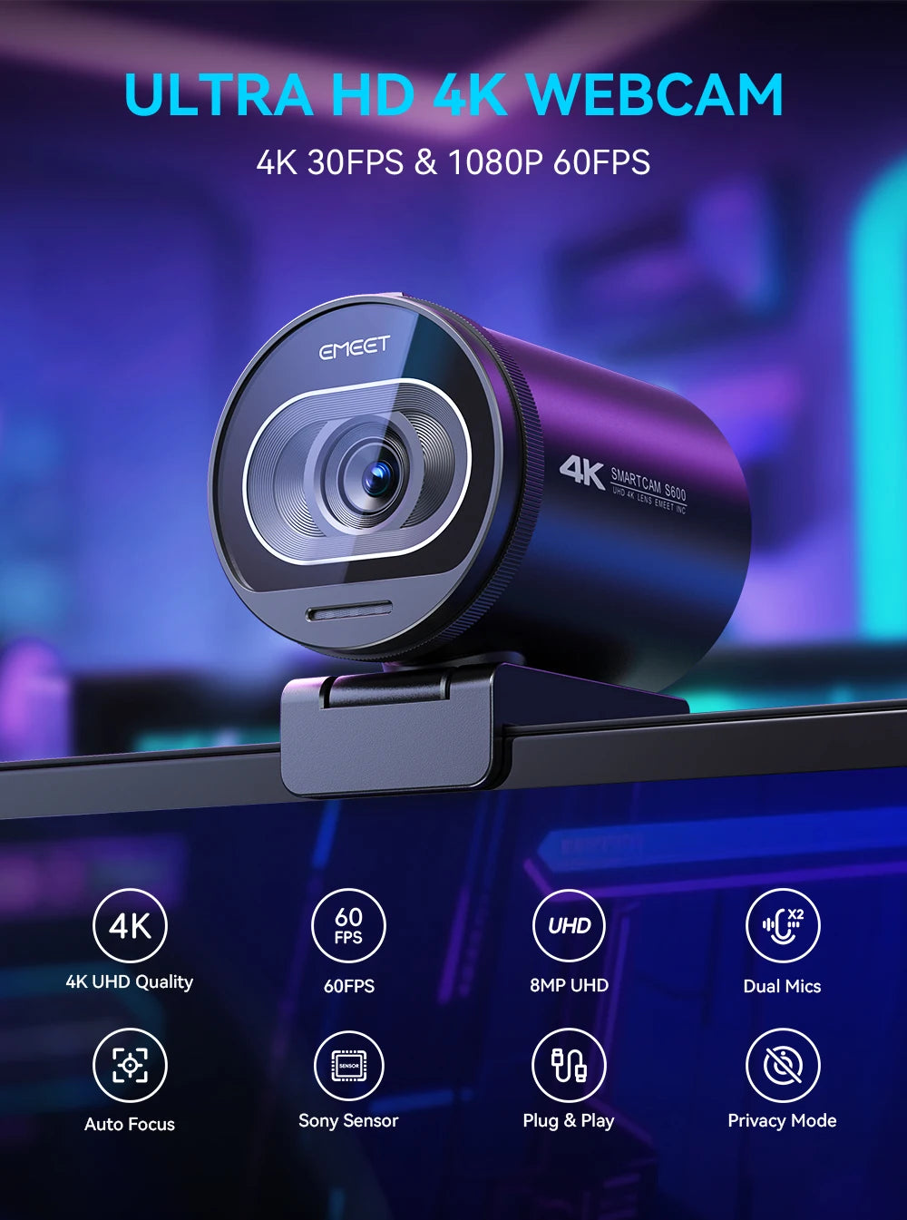 Webcam 4K Ultra HD EMEET S600 – Streaming Profesional a 60FPS y Enfoque Automático