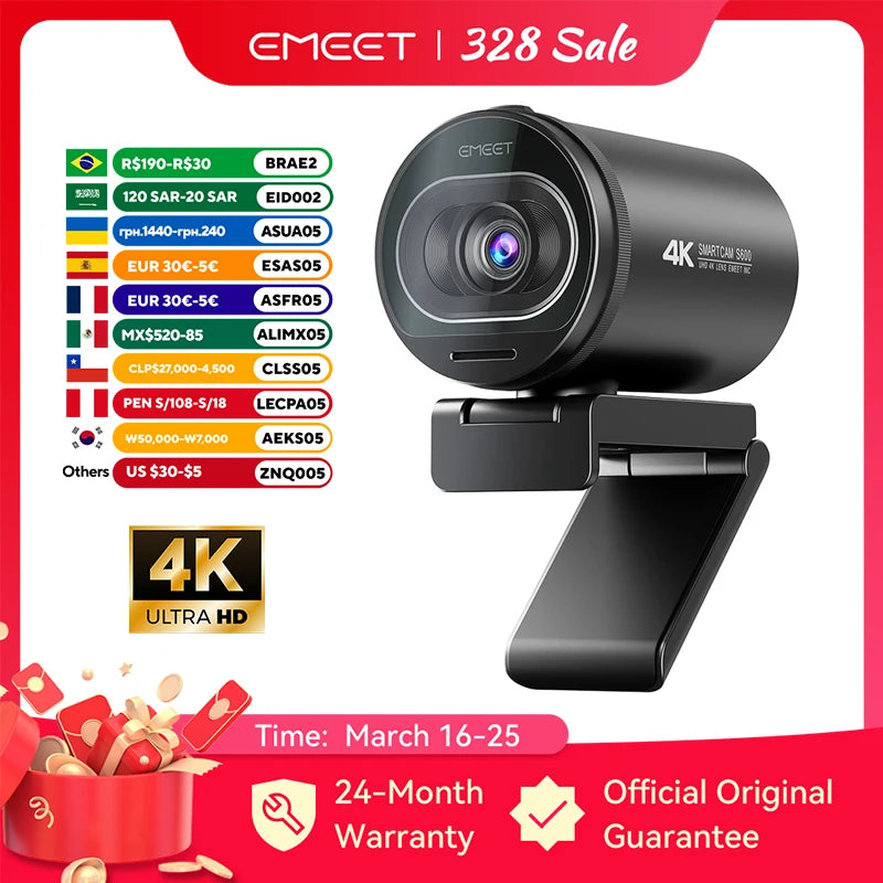Cámara web 4K para streaming, 1080P 60FPS, USB, EMEET S600, con enfoque automático, micrófono para transmisiones en vivo en TikTok/YouTube.
