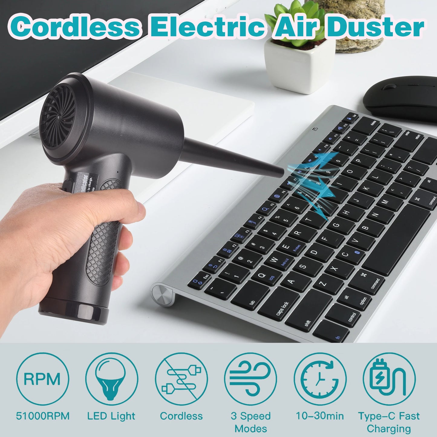 Soplador de Aire Comprimido Eléctrico – Limpiador Recargable para PC, Teclado y Auto