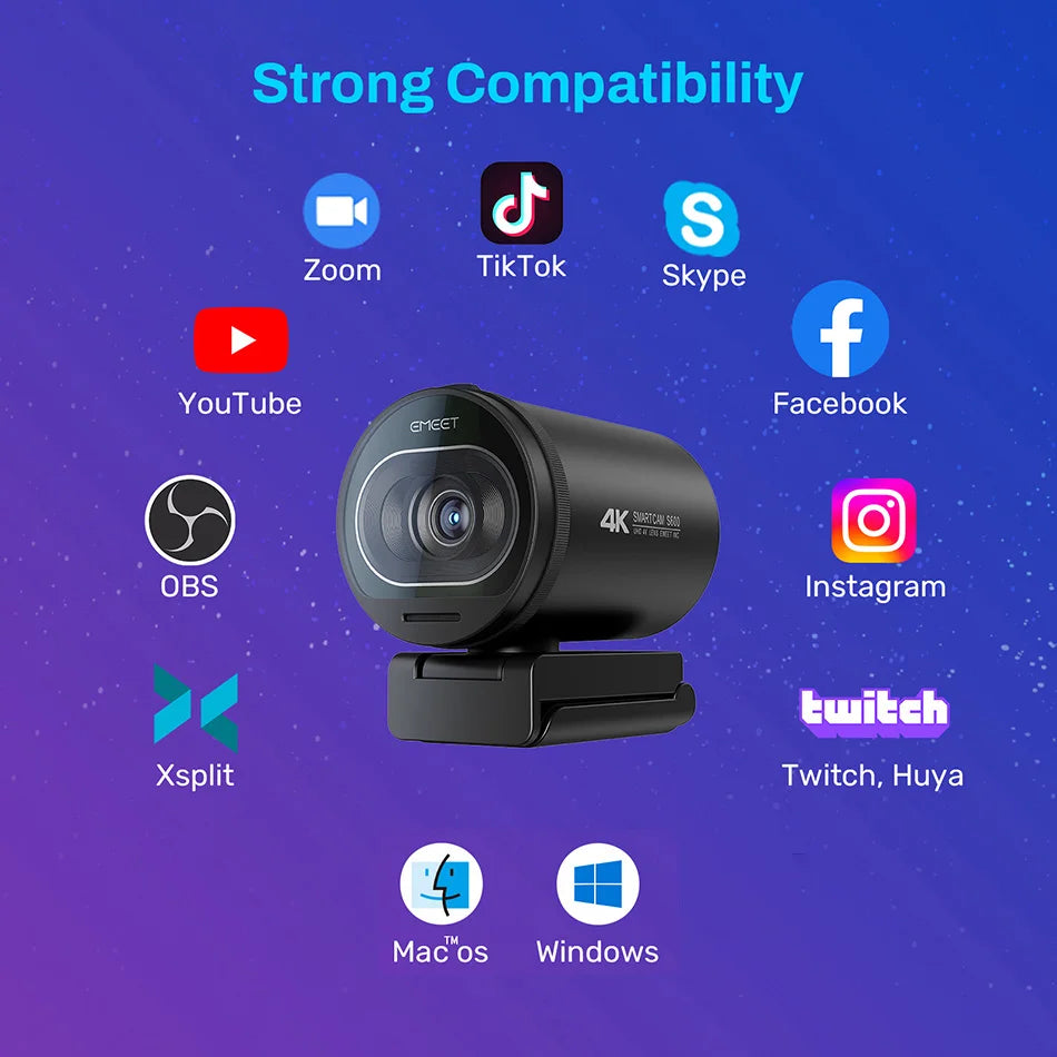 Webcam 4K Ultra HD EMEET S600 – Streaming Profesional a 60FPS y Enfoque Automático