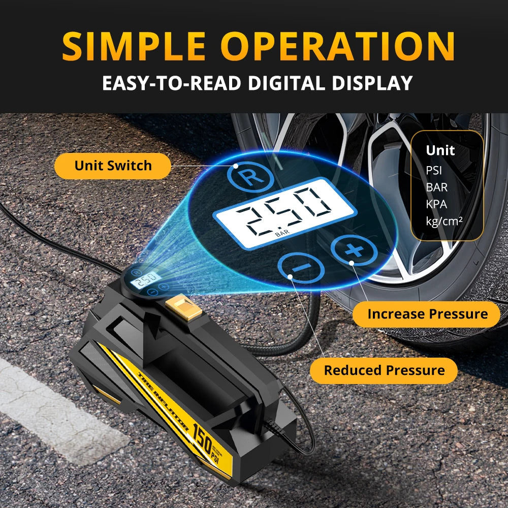 Bomba de aire portátil con cable para coche, mejorada, 12 V, 150 PSI, inflador eléctrico de neumáticos, bomba para motocicleta, bicicleta, pelota, luz LED