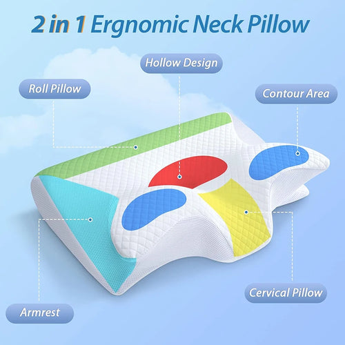 1 almohada cervical de espuma viscoelástica, almohada ortopédica ergonómica 2 en 1 para el dolor de cuello, almohadas de soporte contorneadas, almohada para el cuello