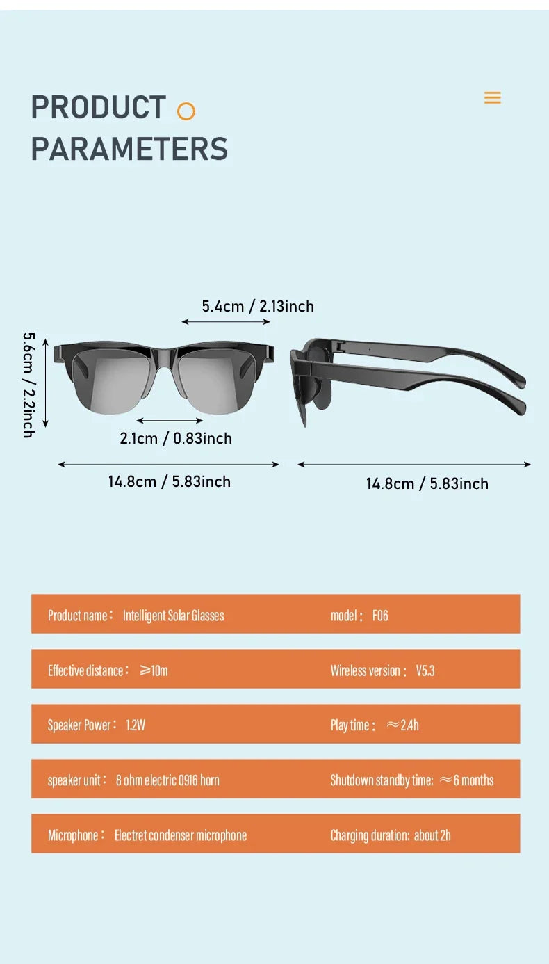 Lentes de Sol Inteligentes Audio Bluetooth V5.3 – Sonido Abierto, Llamadas y Protección UV