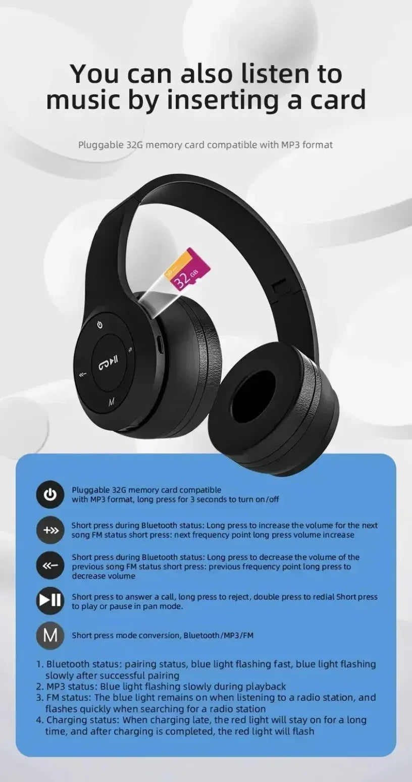 Audífonos Inalámbricos P47 – Bluetooth 5.0 con Radio FM y Ranura SD