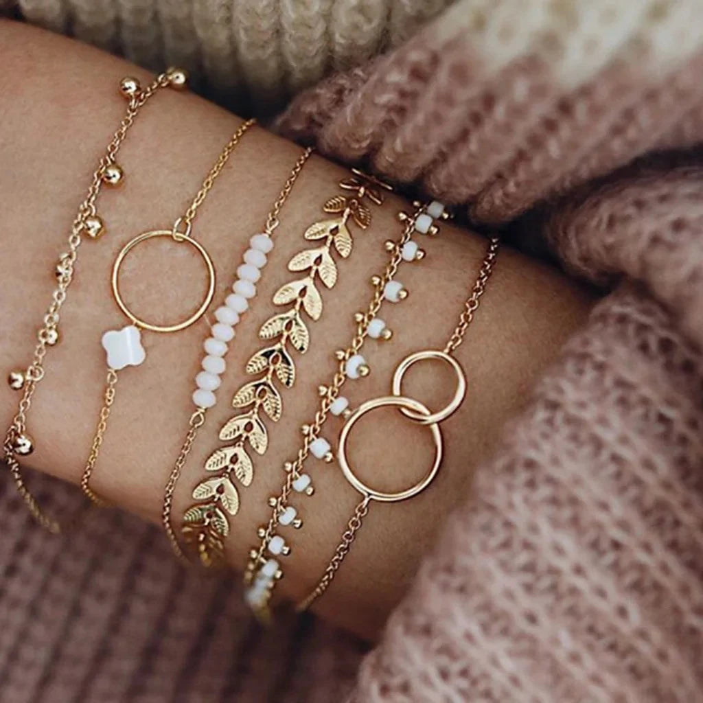 Conjunto de 6 pulseras apilables de moda con diseño geométrico y de borlas ajustables: perfectas para el día a día y ocasiones especiales.