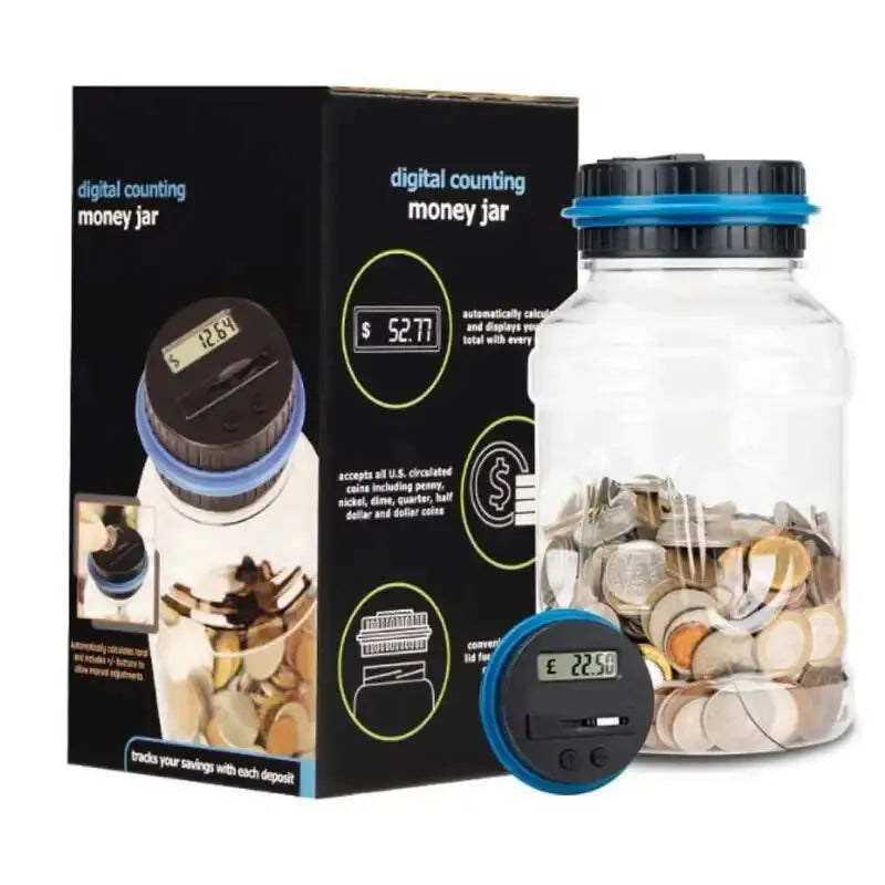 Alcancía de 1,8 L con forma de moneda, gran capacidad, transparente, para ahorrar en dólares estadounidenses, euros y libras esterlinas. Conteo inteligente.